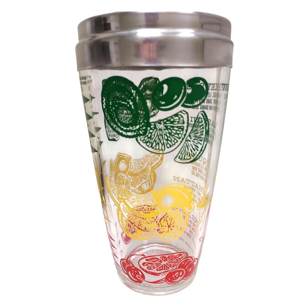 Mr Bartender Tom Collins Glass Cocktail Recipe Tumbler‎ with Strainer Top Vtg